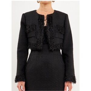 Endless Rose Black Feather Trim Tweed Cropped Jacket